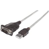 Black and silver Manhattan USB-A to Serial Converter cable, 45cm, with Prolific PL-2303HXD chip, male to male connectors.