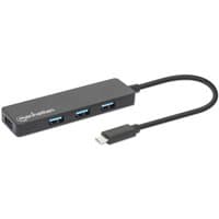 Black Manhattan USB-C hub with four USB-A ports, slim design, attached cable, SuperSpeed USB, no external power needed.