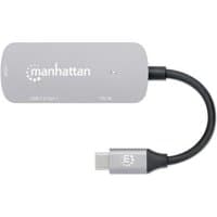 Space Grey Manhattan USB-C hub with HDMI, USB-A, USB-C ports, short black cable, aluminum finish, compact design.