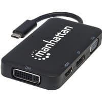 Black Manhattan USB-C dock with DisplayPort, DVI-I, HDMI, VGA ports, 8cm cable, compact design, white logo on top.