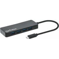 Black Manhattan USB-C hub with 7 USB-A ports, 15cm cable, compact design, no external power needed, SuperSpeed USB.