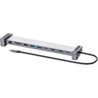Slim silver Manhattan USB-C dock with 7 ports, including Ethernet, HDMI, USB-A, USB-C, and card reader, with attached cable.
