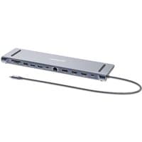 Slim silver Manhattan USB-C dock with 10 ports, including HDMI, Ethernet, and card reader, featuring a connected cable.
