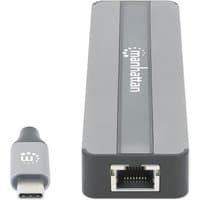 Gray Manhattan USB-C dock with card reader, Ethernet, HDMI, USB-A, USB-C ports, and power delivery feature.