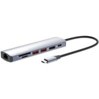 Sleek silver Manhattan USB-C dock with Ethernet, HDMI, USB-A, USB-C ports, card reader, and attached cable.