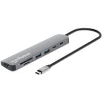 Manhattan USB-C Dock/Hub, gray, with HDMI, USB-A (x2), USB-C (x2) ports, card reader, and attached USB-C cable.
