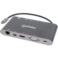 Gray Manhattan USB-C dock with HDMI, Ethernet, Mini DisplayPort, USB-A (x3), USB-C, audio jack, and card reader.