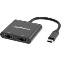 Black Manhattan USB-C adapter with dual HDMI ports, USB-A port, and short cable, supports dual 4K@30Hz or single 4K@60Hz.