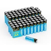 Pack of 80 Maplin AA alkaline batteries, blue and black casing with yellow text, arranged in a grid.