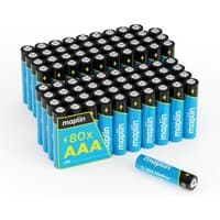 Maplin AAA alkaline batteries, blue and black with white text, 80-pack, 1.5V, 7-year shelf life.
