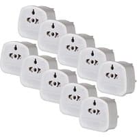 White Maplin travel adapter plugs with three-pin UK sockets, pack of 10, compact design.