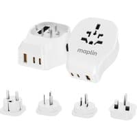 White Maplin travel adapter with 1 USB-A, 2 USB-C ports, and 4 detachable plug types.