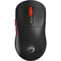 Black MARVO wireless mouse with red scroll wheel, USB-C port, and Scorpion logo on top.