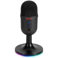 Black MARVO Scorpion USB microphone with RGB base, noise-cancelling, three front buttons, and a mesh top.