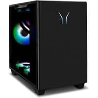 Black MEDION ERAZER Bandit P20 gaming PC with RGB lighting, transparent side panel, and sleek front design.