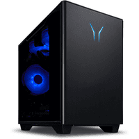 Black MEDION ERAZER Bandit P20 desktop PC with blue LED fans and sleek front panel design.