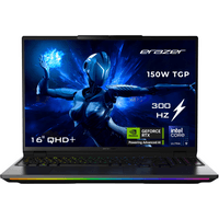 Black MEDION ERAZER Beast 18 laptop with RGB keyboard, 16" QHD+ display, featuring futuristic graphics on screen.