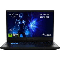 Black MEDION ERAZER Deputy 15 laptop with 15.6" display, RTX 5060 graphics, blue backlit keyboard, and sleek design.