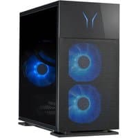 Black Medion ERAZER gaming PC with blue LED fans, glass side panel, and sleek front design.