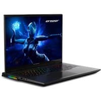 Black MEDION ERAZER laptop with RGB keyboard, large display showing sci-fi graphic, sleek design with angular edges.