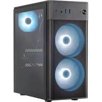 Black Medion ERAZER Recon E45 PC tower with blue LED fans, mesh front panel, and side glass window.