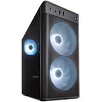 Black Medion Erazer Recon P40 desktop PC with dual front LED fans and side LED fan, sleek design.