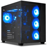 Black MEDION ERAZER Tank X15 gaming PC with blue LED fans, transparent side panel, and sleek design.