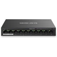 Black Mercusys 10-port desktop switch by TP-Link with 8 PoE+ ports, LED indicators, and sleek rectangular design.