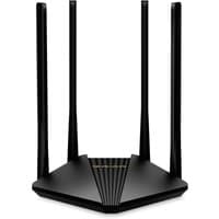 Black Mercusys AC1200 dual band router with four antennas and a sleek, angular design.