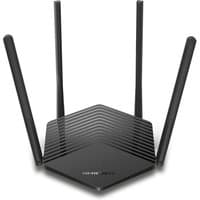 Black Mercusys AX1800 Dual-Band WiFi 6 Router with four antennas and sleek hexagonal design.