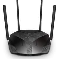 Black Mercusys AX3000 Wi-Fi 6 router with four antennas and geometric pattern on top.