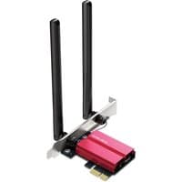 Red Mercusys AXE5400 Wi-Fi 6E PCIe adapter with dual black antennas and Bluetooth 5.3 connectivity.
