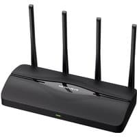 Black Mercusys BE3600 dual band Wi-Fi 7 router with four antennas and sleek curved design by TP-Link.