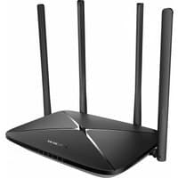 Black Mercusys MB115-4G wireless router with four antennas and sleek design, single-band 2.4 GHz.