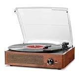 Wooden Mersoco Bluetooth turntable with clear dust cover, built-in speakers, and control knobs on the front panel.