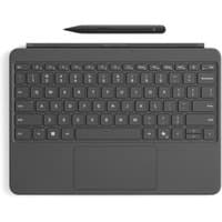 Black Microsoft tablet keyboard with integrated trackpad and stylus pen on top.