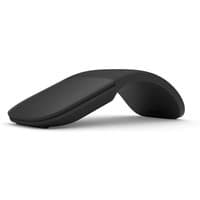 Black Microsoft Surface Arc mouse with curved design, slim profile, and Bluetooth connectivity.