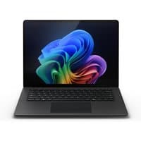 Sleek black Microsoft Surface Laptop 7 with 38.1 cm display, Intel Core Ultra 5, and vibrant screen graphic.