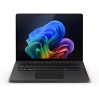 Black Microsoft Surface Laptop 7 with 15" touchscreen, sleek design, backlit keyboard, and Windows 11 interface.