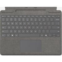 Platinum Microsoft Surface Pro Keyboard with pen storage, black keys, and integrated touchpad.