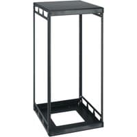 Black freestanding 21U rack cabinet with open frame and perforated base by Middle Atlantic Products.
