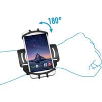 Black Mobilis smartphone holder with 180-degree rotation, worn on wrist, holding phone with mountain wallpaper.