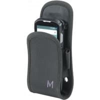 Black Mobilis 031009 mobile phone holster with belt clip and front pocket, featuring a textured finish and "M" logo.