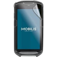 Mobilis screen protector on a black handheld mobile computer with a visible peel-off corner.
