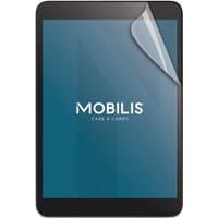 Clear Mobilis tablet screen protector for Apple, single piece with corner peel showing transparency and fit.
