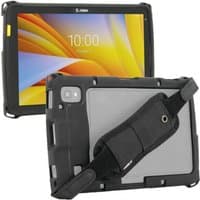 Black Mobilis Protech 10" tablet bumper with reinforced corners, hand strap, and camera cutout.