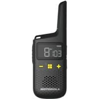 Black Motorola two-way radio with digital screen, 16 channels, yellow buttons, and textured grip.