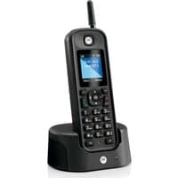 Black Motorola O201 DECT telephone with caller ID, small screen, keypad, and charging base.