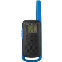 Black Motorola T62 two-way radio with blue antenna, digital screen, and 16 channels.