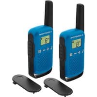 Black and blue Motorola TALKABOUT T42 two-way radios with 16 channels, LCD screen, and detachable belt clips.